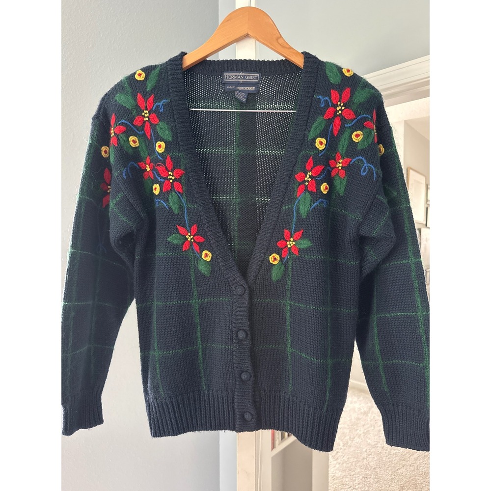 Herman Geist Embroidered Floral Wool Blend Cardigan Navy S Cottagecore Grandma